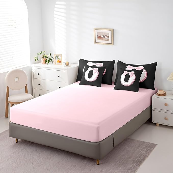 jejeloiu Kawaii Pink Bow Queen Comforter Set with Sheets,Gifts for Women Teen Girl,Monogrammed 7 Piece Bedding Set,Soft Personalized Initial Letter O Bed in a Bag with Comforter,Sheets,Pillowcases