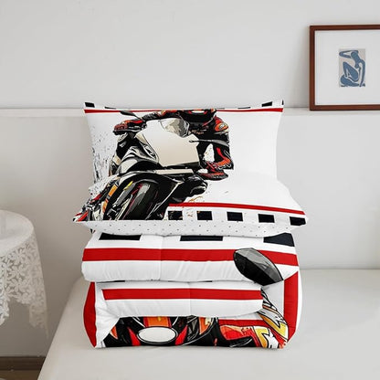 Feelyou Dirt Bike Comforter Set King Size Racing Motocross Rider Comforter for Boys Girls Teens Extreme Sports Bedding Set Flag Duvet Set Room Decor Off White Quilt Set