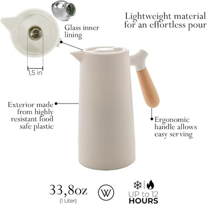 WOLFF - White Thermal Coffee Carafe – 34oz / 1L Insulated Carafe - Food-Safe Plastic Exterior and Glass Liner, Wood-Style Handle – Keeps Drinks Hot or Cold, Leakproof Coffee and Tea Dispenser