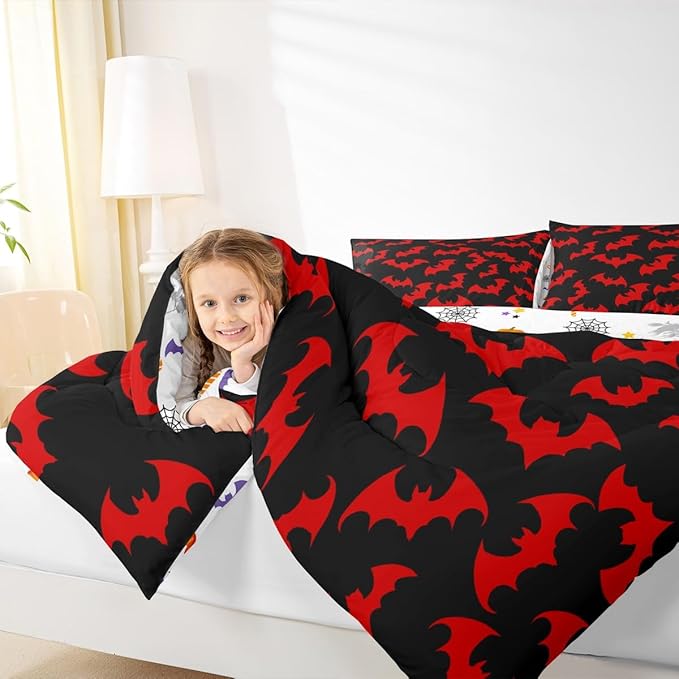 Erosebridal Red Bat Twin Bedding Sets Halloween Bat Comforter Set Spooky Goth Gothic Animal Quilt Duvet Set Horror Halloween Bedding Collections for Kids Teens Adults