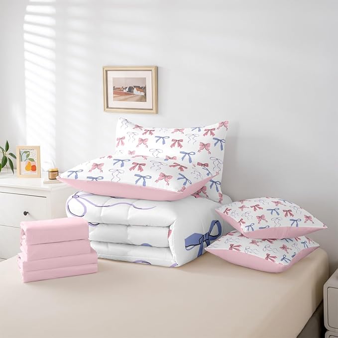 Erosebridal Bowknot King Comforter Set Bow 7-Piece Bed in A Bag Sweet Ribbon Dreamy Fairy Kawaii Sheets and Pillowcases Pink White Bed Sets