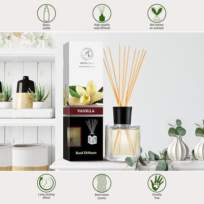 Reed Diffuser with Natural Essential Oil Vanilla 6.8 Fl Oz (200ml) - Scented Reed Diffuser - Gift Set with Bamboo Sticks - Best for Aromatherapy - SPA - Home - Office - Fitness Club
