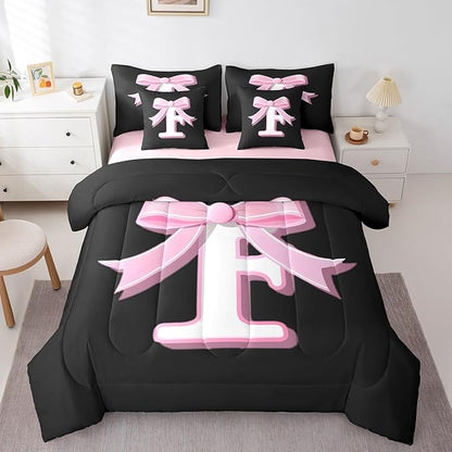 jejeloiu Kids Girls Black Pink Bow Comforter Set with Sheets Full Size Monogrammed 7 Piece Bedding Set Personalized Initial F Bed in a Bag with Comforter,Sheets,Pillowcases Modern Fashion Bed Set