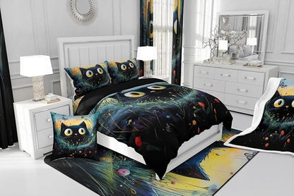 Manfei Kawaii Cat King Bedding Set,Cartoon Black Cat Comforter Set Reversible Bed Set for Bedroom Decor,Watercolor Flowers Leaves 3 Pieces Quilt Set,Natural Animal Plants Duvet Insert,2 Pillow Cases