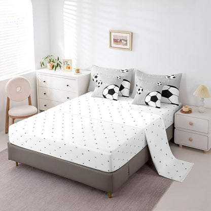 Erosebridal Football 7 Piece Bedding Set Queen Boys Sports Comforter Set with Sheets Soccer Ball Theme Playground Bed in a Bag Football Court Pattern Grey White for Kids Boys Girls