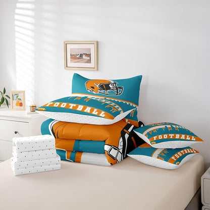 Erosebridal Football 7 Pcs Comforter Set Twin Football City Bedding for Boys Girls Teal Football Fans Sheet Set Bed in A Bag Rugby Game Bedroom Decor Sports Ball Competition Bed Set