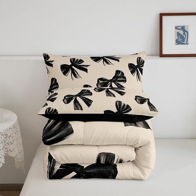 Erosebridal Bow Bedding Set Toddler Black Bow Tie Bedding Comforter Sets for Kids Teen Adults Room Decor,Watercolor Bowknot Comforter Set Black White Simple Decor Bed Duvet Set
