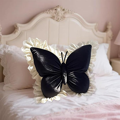 Butterfly Throw Pillow, Butterfly Shaped Decorative Pillow for Sofa Couch Bed, Plush Velvet Lumbar Support Cushion for Office Chair & Car Seat (Black)