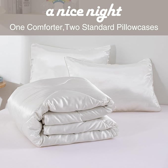 A Nice Night Satin Silky Soft Quilt Luxury Super Soft Microfiber Bedding Comforter Set Full/Queen, Light Weighted (White, Queen)