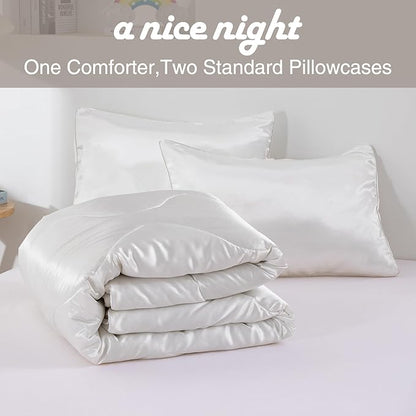 A Nice Night Satin Silky Soft Quilt Luxury Super Soft Microfiber Bedding Comforter Set Full/Queen, Light Weighted (White, Queen)