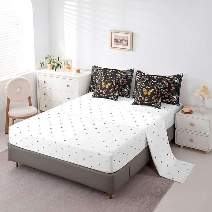 Feelyou Boho Butterfly Bedding Bed in a Bag with Comforter, Sun Moon Bedding Set with Comforter, Bohemian Mushroom Comforter for Women Men Wild Full Size 7Pcs Room Decor
