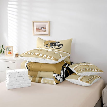 Erosebridal Football 7 Pcs Comforter Set King Football Fans Bedding for Men Football City Sheet Set Bed in A Bag Yellow Rugby Competition Room Decor Sports Ball Game Quilt