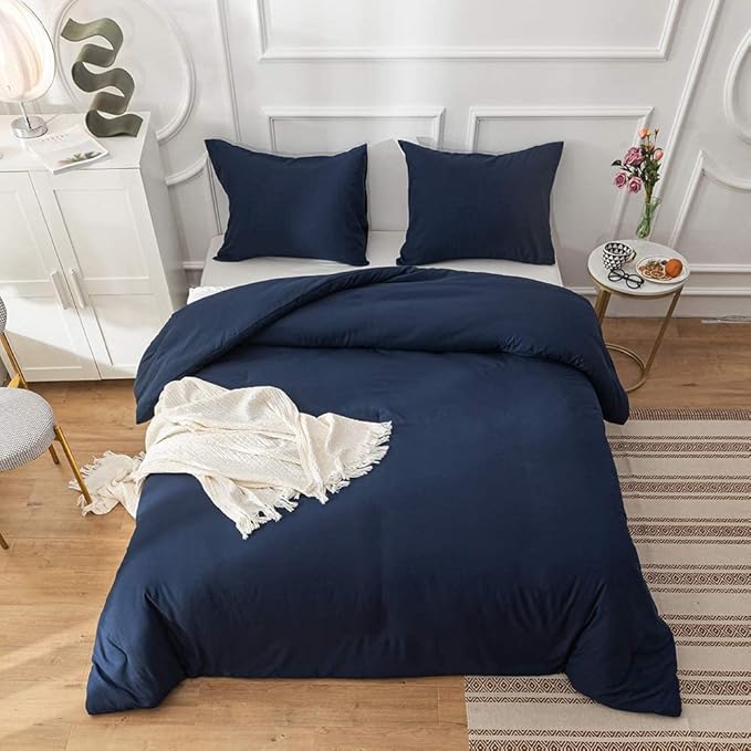 Wellboo Dark Blue Comforter Sets Queen Size Men Boys Navy Blue Bedding Comforters Women Solid Dark Color Minimalist Quilts Adults Plain Color Comfy Comforters Modern Classic Bed Durable