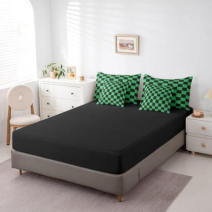 Feelyou Checkered 7 Piece Bedding Set Teen Green Black Plaid Comforter Set with Sheets Full Size Kids Boys Cute Retro Neutral Checkerboard Geometric Bed in a Bag Vintage Aesthetic Room Decor