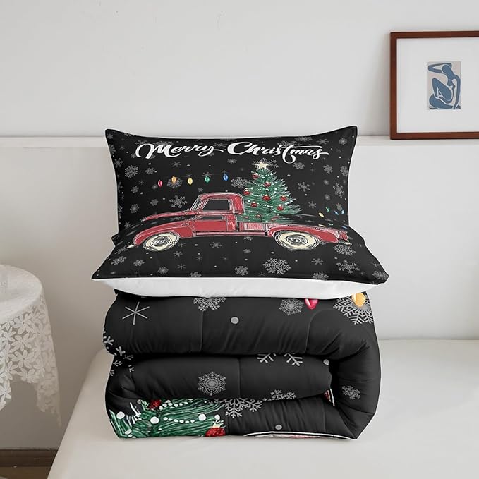 Castle Fairy Merry Christmas Theme Kids Comforter Set Queen,Xmas Tree Red Truck Snowflake Watercolor Graffiti Print Bedding Set for Men Women Adults Bedrrom Decor,Farmhouse Vintage Rustic Quilt 3 Pcs