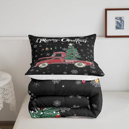 Castle Fairy Merry Christmas Theme Kids Comforter Set King,Xmas Tree Red Truck Snowflake Watercolor Graffiti Print Bedding Set for Teenager Bedrrom Decor,Farmhouse Vintage Rustic Quilt 3 Pcs