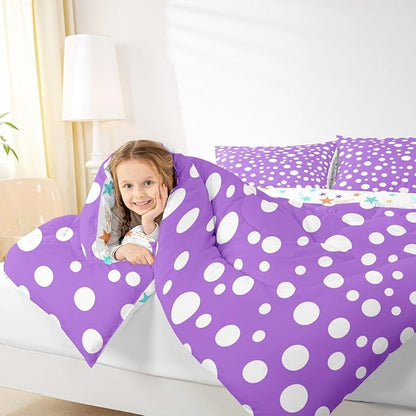 Manfei White Polka Dots Comforter Set Queen Size,Purple White Simple Geometric Circles Bedding Set 3 Pcs for Teens Adults,French Style Cute Dots Print Comforter,2 Pillowcases
