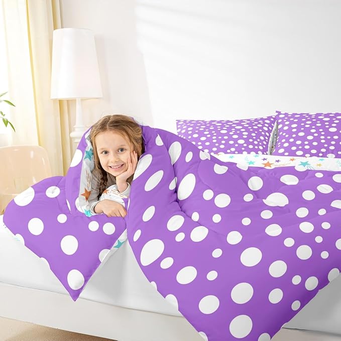 Manfei White Polka Dots Comforter Set Full Size,Purple White Simple Geometric Circles Bedding Set 3 Pcs for Teens Young,French Style Cute Dots Print Comforter,2 Pillowcases