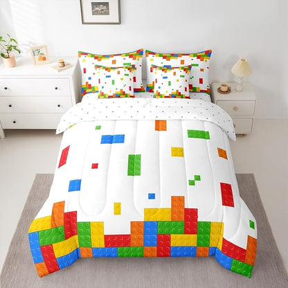 Boys Construction Kids Bedding Sets Queen Size 7 Pcs,Building Block Gaming Comforter Set for Girls Boys Room Decor,Cartoon Watercolor Brick Fitted Flat Sheet with 2 Throw Pillow Covers 2 Pillowcases