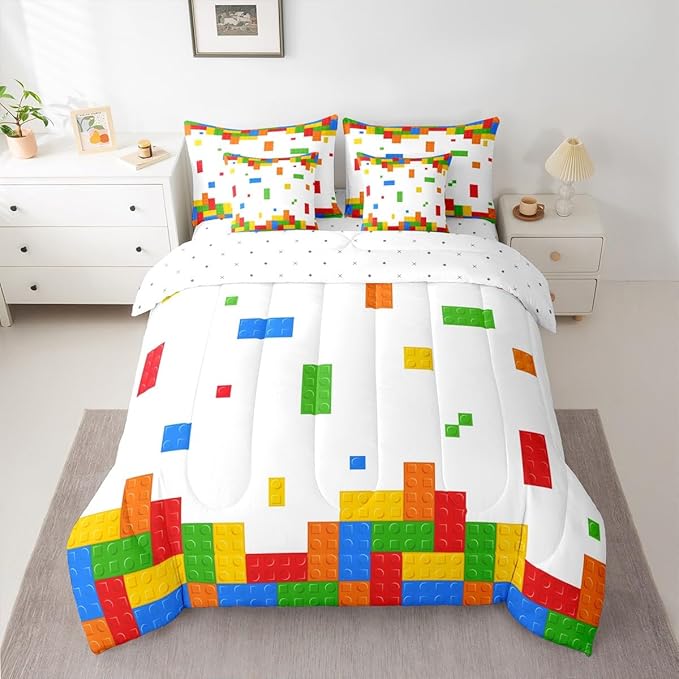 Boys Construction Kids Bedding Sets King Size 7 Pcs,Building Block Gaming Comforter Set for Girls Boys Room Decor,Cartoon Watercolor Brick Fitted Flat Sheet with 2 Throw Pillow Covers 2 Pillowcases