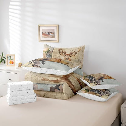 Elk Deer Bed in a Bag King Size Comforter Set 7 Pieces,Woodland Animals Bedding Sets Moose Reindeer Sheet Set with Comforter