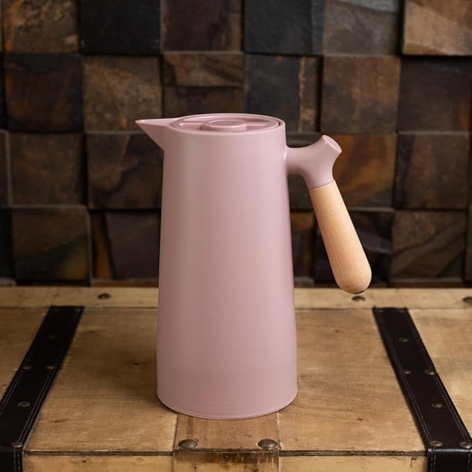 WOLFF - Thermal Coffee Carafe – 34oz/1L Insulated Food-Safe Plastic Exterior and Glass Liner, Wood-Style Handle – Keeps Drinks Hot or Cold for Hours, Coffee and Tea Dispenser - Nude Pink, 34floz/1L