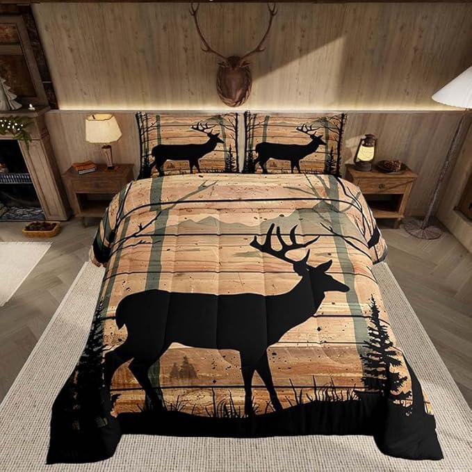 Feelyou Deer Moose Print Comforter Set Queen for Girls Women Teens Adult, Kids Boys Bear Hunting Theme Bedding Set, Forest Wild Animal Comforter Soft Quilt Set, with 2 Pillowcase 3pcs Bedding