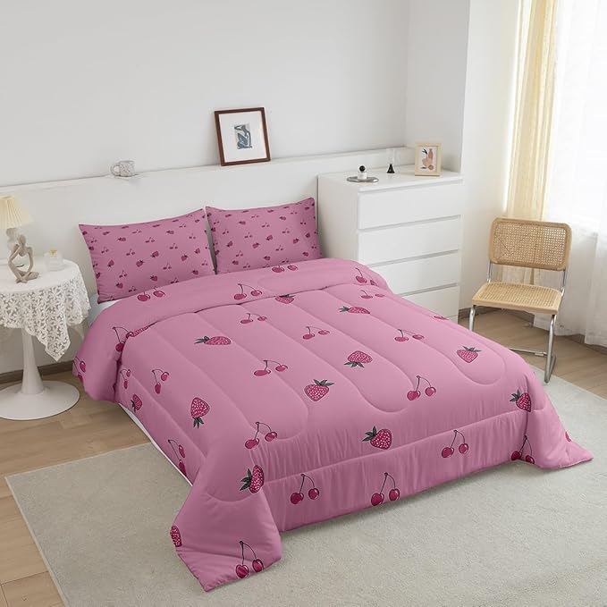 Kids Kawaii Bedding Set Full Size Cute Strawberry Comforter Set Girls Down Comforter Room Decor Cartoon Fruit Quilt Set Girly Strawberry Cherry Duvet Set Lovely Pink White With 2 Pillowcases