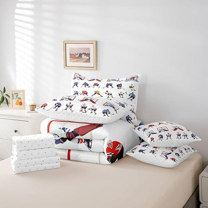 Feelyou Ice Hockey Comforter Set King Size 7 Pcs Hockey Lover Comforter Bed in a Bag Winter Sports Bedding Set for Boys Girls Teens Hockey Bed Set with Sheets, Pillowcases, Pillow Covers