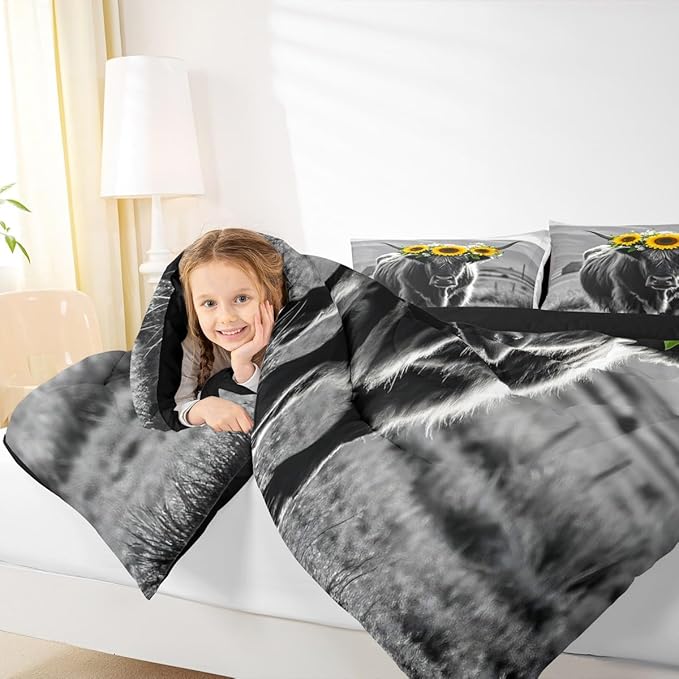 Erosebridal Highland Cow Comforter Set Twin, Longhorn Bull Cattle Bedding Set, Farmhouse Sunflower Floral Quilt, Western Style Farm Animal Bed Set for Kids Adults Bedroom Decor, 1 Pillowcase