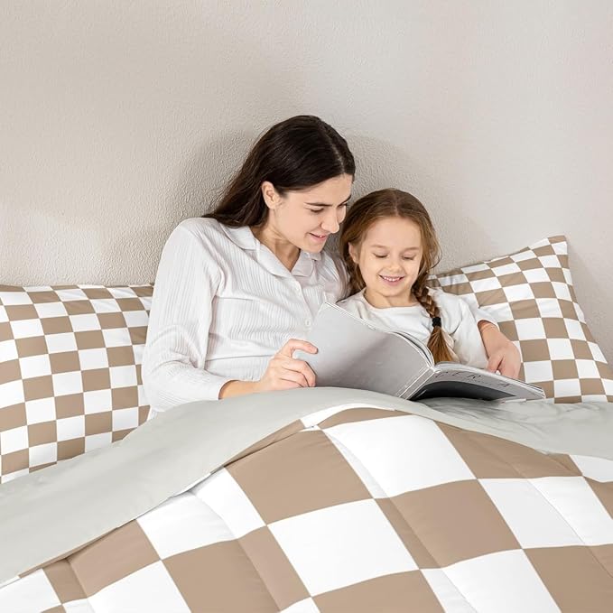 Feelyou Checkered Bedding Set for Boys Girls Brown Plaid Comforter Set Queen Size Vintage Checkerboard Geometric Duvet Quilt Reversible Grey Bedroom Decor 3 Pcs with 2 Pillow Cases