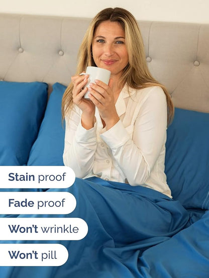 Extra Deep Split King Sheet Set - 7 Piece Breathable and Cooling Sheets - Hotel Luxury Bedding for Women, Men, Kids & Teens - Easy Secure Fit - Soft & Wrinkle Free - Extra Deep Pockets - Denim Blue