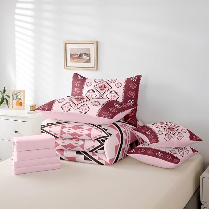 Erosebridal 7 Pcs Southwestern Aztec Bed in A Bag Queen Western Bohemian Comforter Set for Kids Teens Exotic Tribal Mexican Geometric Bedding Sets Ethnic Native American Sheet Set with Comforter
