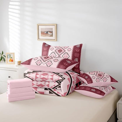 Erosebridal 7 Pcs Southwestern Aztec Bed in A Bag Full Western Bohemian Comforter Set Exotic Tribal Mexican Geometric Bedding Sets Ethnic Native American Sheet Set with Comforter