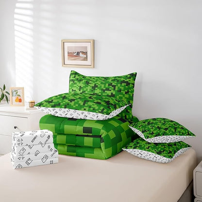 Green Pixelated Gamer Bedding Sets King Size,Video Games 7Pcs Comforter Set,Kids Boys Girls Teens Room Decor,Cartoon Gamepad Bed in a Bag Modern Geometric Check Flat Fitted Sheet,2 Pillowcases