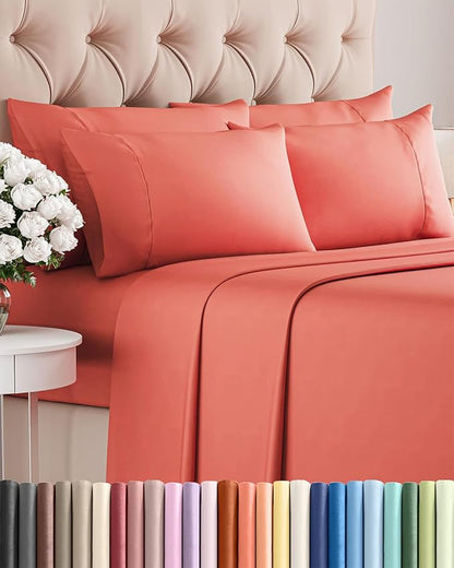 Full 6 Piece Sheet Set - Comfy Breathable & Cooling - Ultra Soft Hotel Luxury Bedding Set with 8-16 Inch Deep Pockets - 1 Flat & 1 Fitted Sheet & 4 Pillowcases - Cozy, Wrinkle Free & Easy Care - Coral