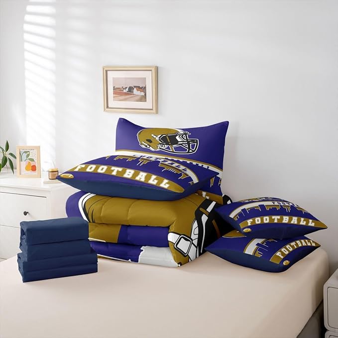 Erosebridal Football City 7 Pcs Comforter Set Full Football Bedding for Kids Purple Rugby Game Sheet Set Bed in A Bag Football Fans Bedroom Decor Sports Ball Competition Bed Set