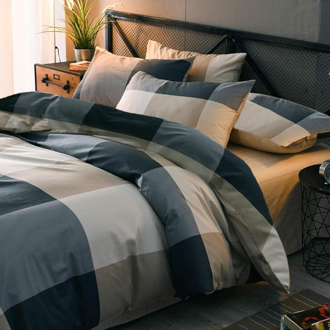 mixinni California King Comforter Set Men Boys Geometric Checkered Plaid Printed Bedding Comforter for All Season Soft Lightweight Bedding Set-California King Size