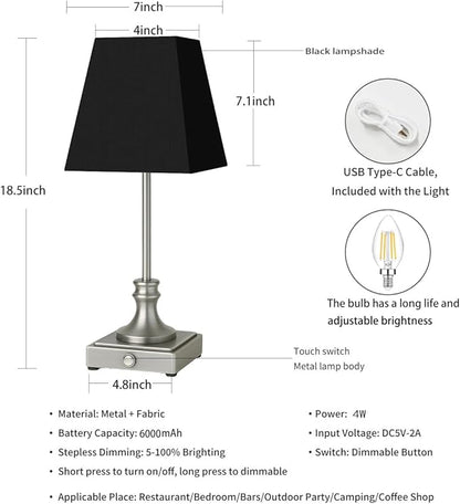 Rechargeable LED Table Lamps with Stepless Touch Control,Sliver Cordless Lamp for Living Room&Bedside&Patio&Shower,Small Desk Lamp(6000mAH Battery),2 Pack for Home Decor,Best Gifts for Family