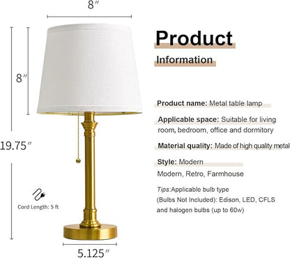 Oneach 19.5" Gold Table Lamp Set of 2, Small Bedside Table Lamps with USB A+C Charging Ports, Pull Chain Switch, Brass Modern Nightstand Lamps for Living Room, Bedroom, Nursery