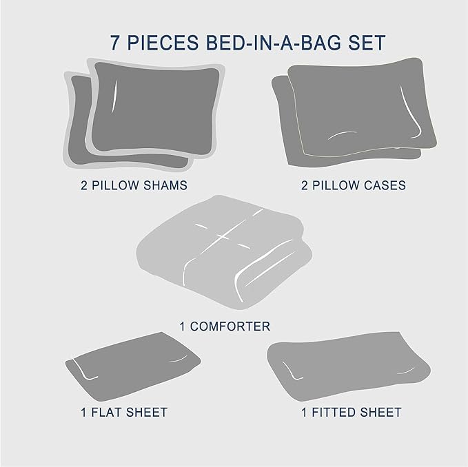 Zzlpp Queen Comforter Set 7 Pieces, White Seersucker Bed in a Bag with Comforter, Pillow Shams, Pillowcases, Flat Sheet, Fitted Sheet