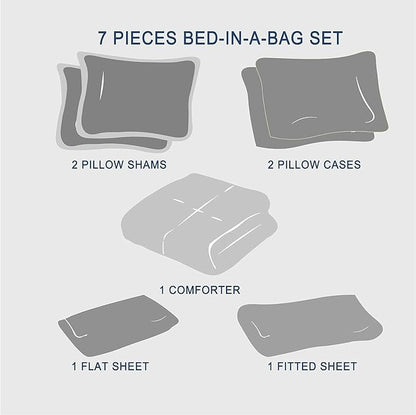 Zzlpp Queen Comforter Set 7 Pieces, White Seersucker Bed in a Bag with Comforter, Pillow Shams, Pillowcases, Flat Sheet, Fitted Sheet