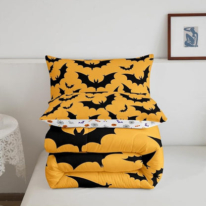 Erosebridal Halloween Bat King Bedding Set Gothic Orange Bat Comforter Set Spooky Goth Animal Bed Collections Horror Halloween Duvet Quilt Sets for Kids Teens Adults