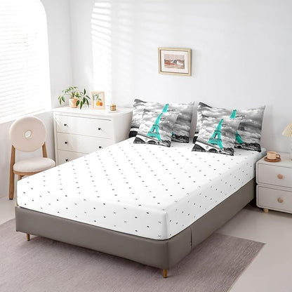 Feelyou Girls Eiffel Tower Comforter Set Full Size 7 Pcs Paris Theme Comforter Bed in a Bag Teal Gray Eiffel Tower Bedding Set for Women Teens Romantic Bed Set with Sheets, Pillowcases, Pillow Covers