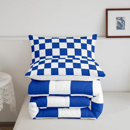 Feelyou Checkered Retro Bedding Set Teen Women Men Blue White Plaid Comforter Set Full Size Kids Boys Girls Geometric Vintage Duvet Insert Modern Simple Groovy Aesthetic Room Decor