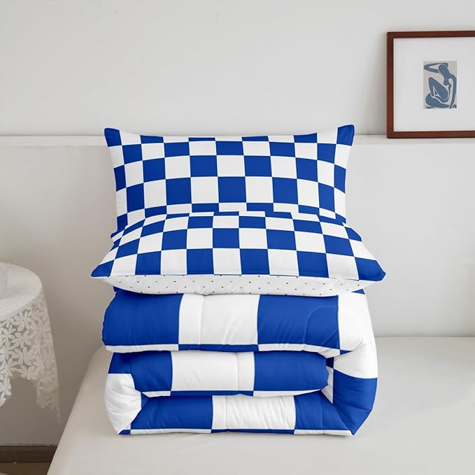 Feelyou Checkered Retro Bedding Set Teen Women Men Blue White Plaid Comforter Set Toddler Size Kids Boys Girls Geometric Vintage Duvet Insert Modern Simple Groovy Aesthetic Room Decor