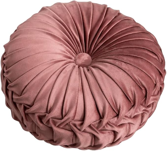 MOCOFO Round Velvet Throw Pillow, Pumpkin Shape Decorative Floor Cushion, Handcrafted Pleated Design, 14 and 16 Inch Diameter, Multiple Colors, Polyester Fill (Dark Pink, 16")