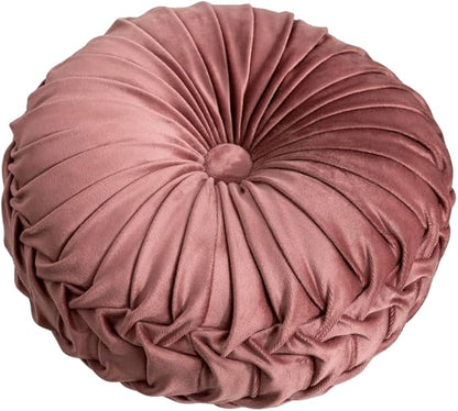 MOCOFO Round Velvet Throw Pillow, Pumpkin Shape Decorative Floor Cushion, Handcrafted Pleated Design, 14 and 16 Inch Diameter, Multiple Colors, Polyester Fill (Dark Pink, 16")