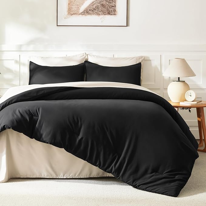 Litanika Black Comforter Set Queen Size, 3 Pieces Lightweight Solid Bedding Comforter Set, All Season Fluffy Bed Set (90x90In Comforter & 2 Pillowcases)