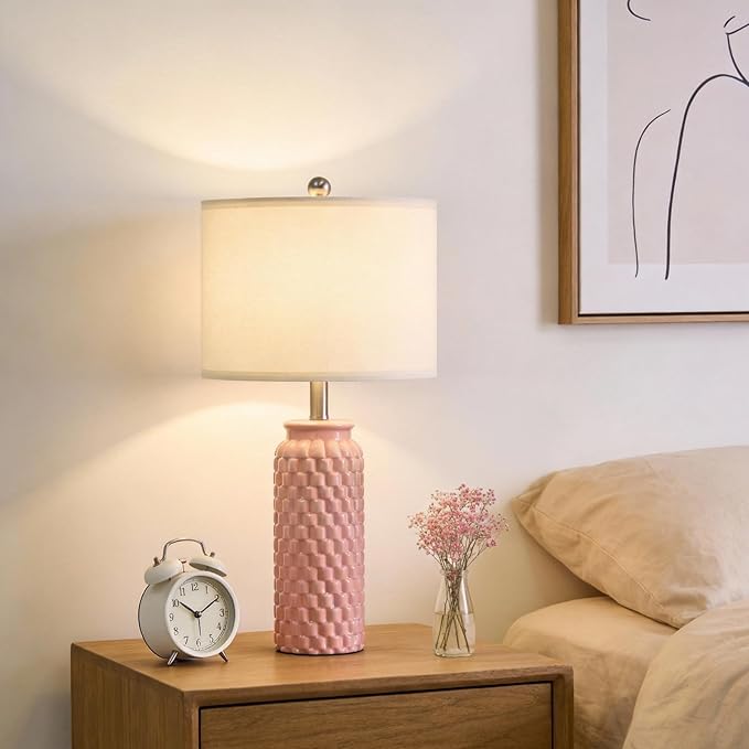 24" Modern Ceramic Pink Bedside Lamp Set of 2 Table Lamp for Bedroom Decor Farmhouse Table Lamp for Living Room Office Dorm